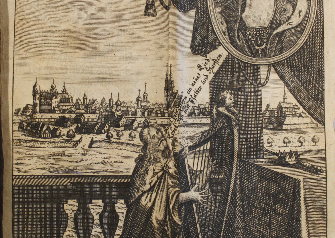David mit Harfe vor der Stadtansicht Wittenbergs 1713